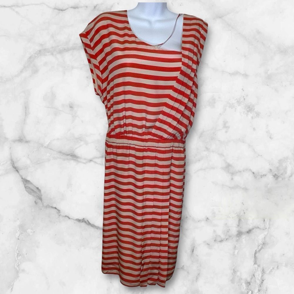 Anthropologie Leifsdottir Piano Striped Asymmetrical Silk Dress Red Cream Sz 10